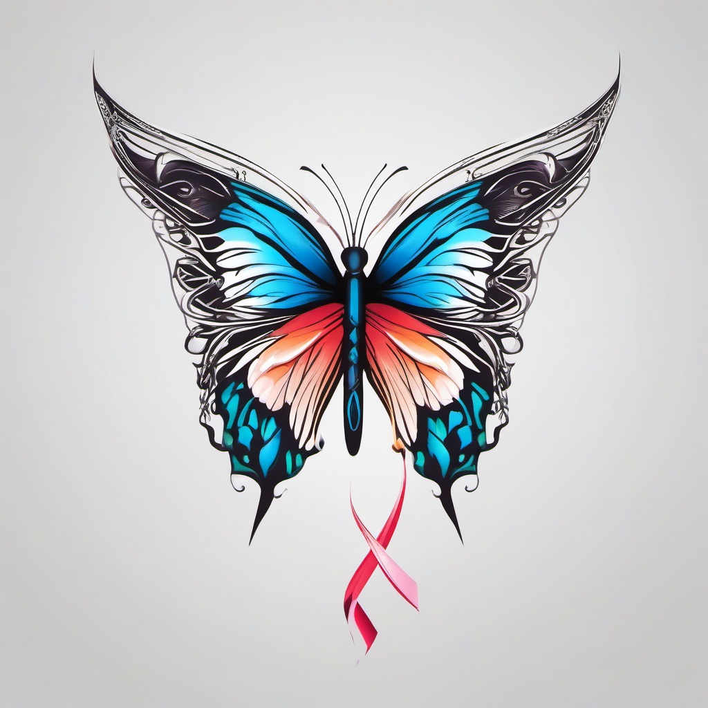 cancer ribbon butterfly  simple color tattoo, minimal, white background