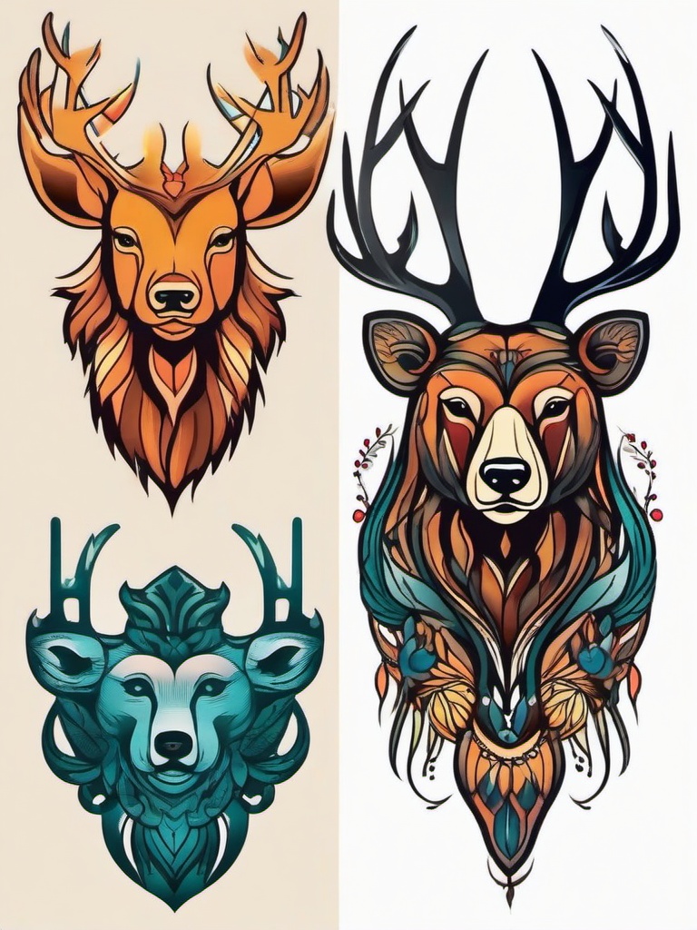 bear and deer tattoo  simple vector color tattoo