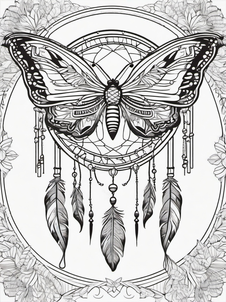 Butterfly Dream Catcher Coloring Pages - Mystical Design with Butterflies and Feathers  minimal black outline printable sheet, coloring page