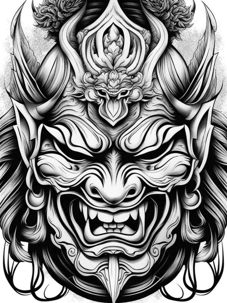 oni mask tattoo black and white design 