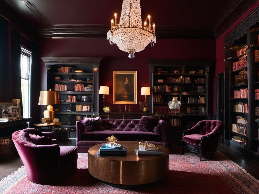 Gothic-inspired library featuring custom Restoration Hardware dark wood bookshelves, Farrow & Ball deep burgundy walls, and Anthropologie vintage chandeliers.  