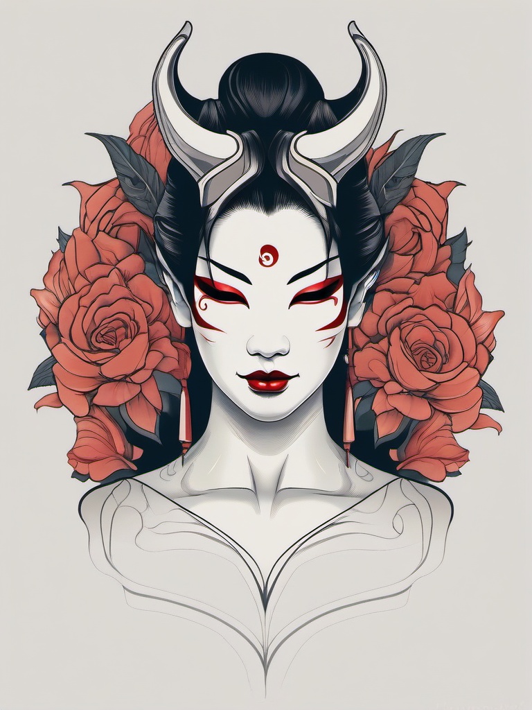 Hannya Mask Tattoo Woman - A tattoo design featuring the Hannya mask, designed specifically for a woman.  simple color tattoo,white background,minimal