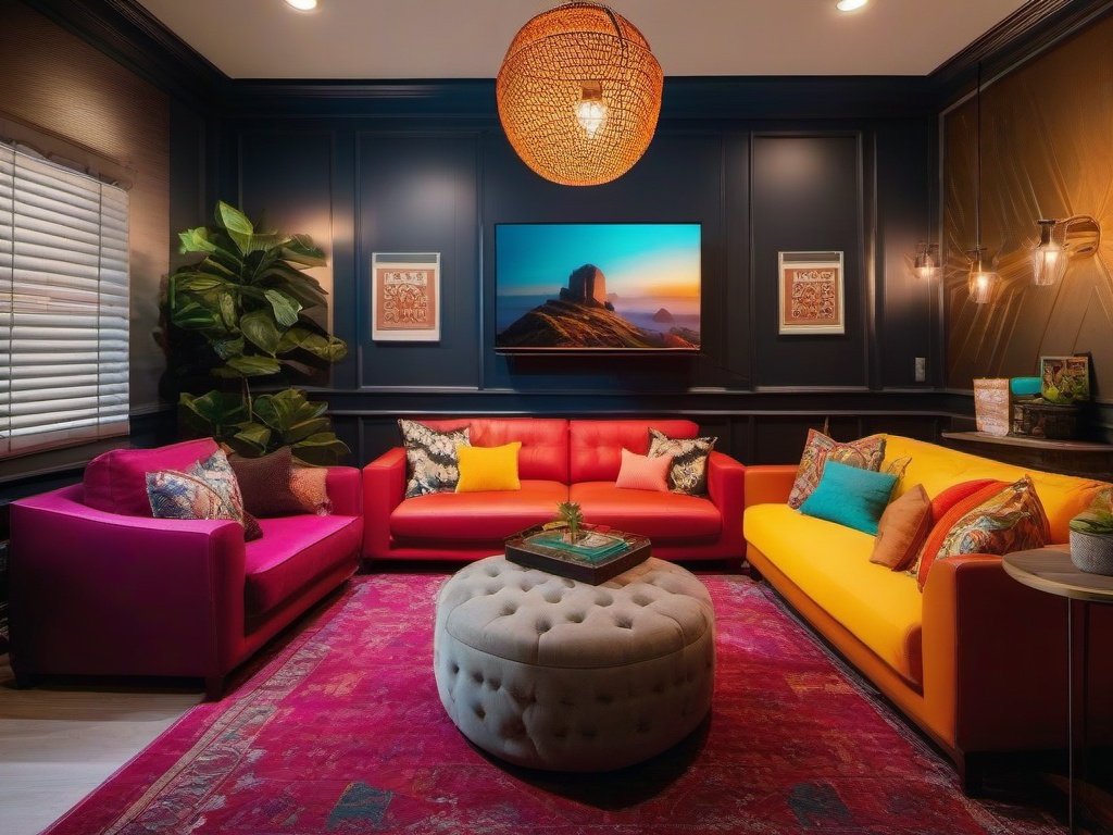 Mediterranean gamer room features bright colors, textured surfaces, and cozy seating that creates an inviting atmosphere for gaming with friends.  