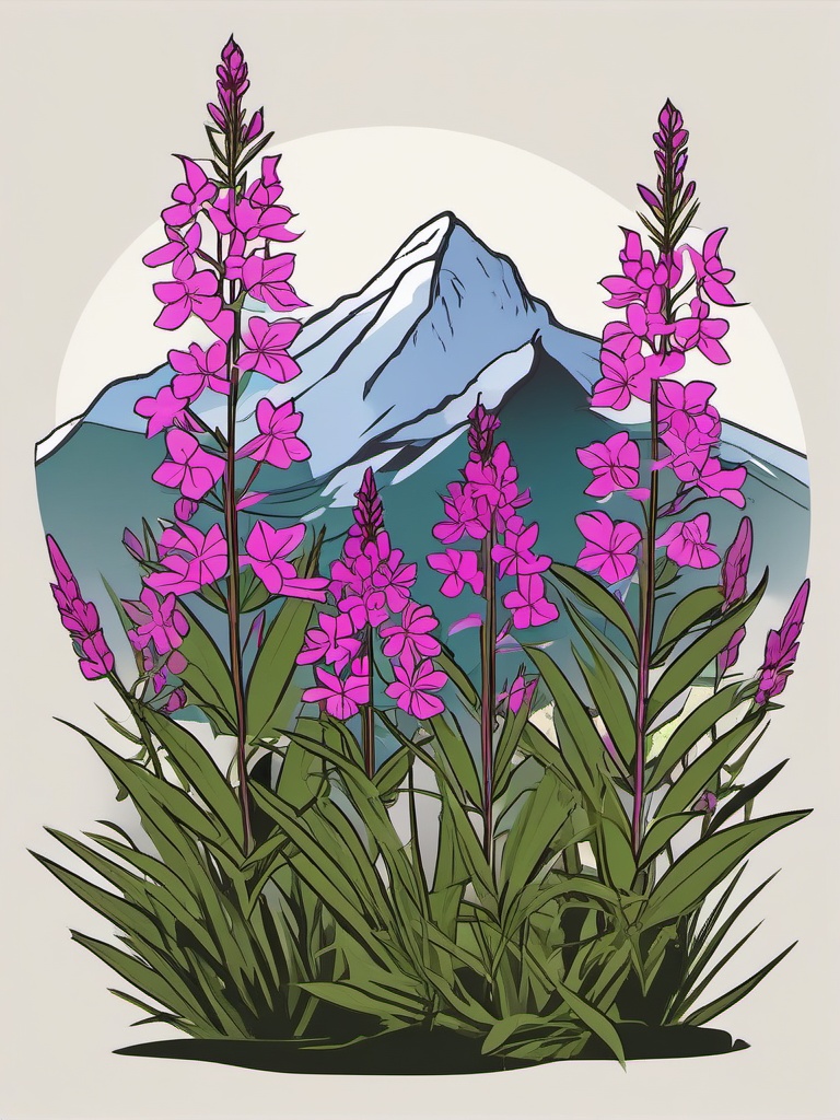 Mountain Dwarf Fireweed Clip Art - Dwarf fireweed flowers in mountain terrain,  color vector clipart, minimal style