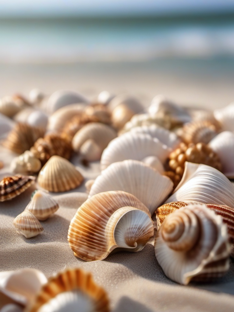 Beachside seashell flower arrangements close shot perspective view, photo realistic background, hyper detail, high resolution