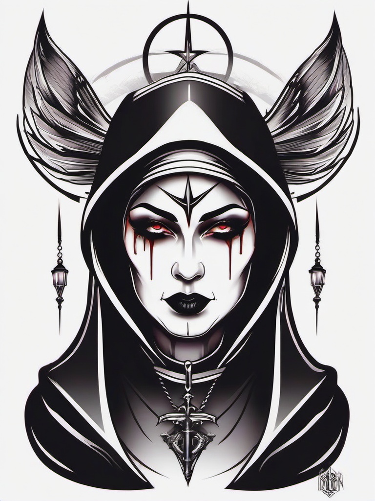 Demonic Evil Nun Tattoo Design-Bold and edgy tattoo design featuring a demonic and evil nun, perfect for those who appreciate dark and mysterious aesthetics.  simple color tattoo,white background