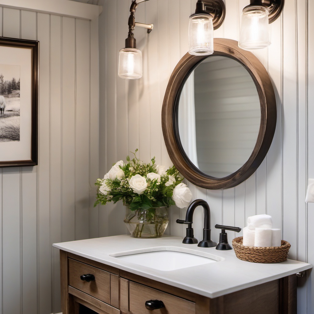 Farmhouse Powder Room - Farmhouse charm to your powder room with shiplap walls and vintage fixtures. realistic, professional photography, bokeh, natural lighting, canon lens, shot on dslr 64 megapixels sharp focus