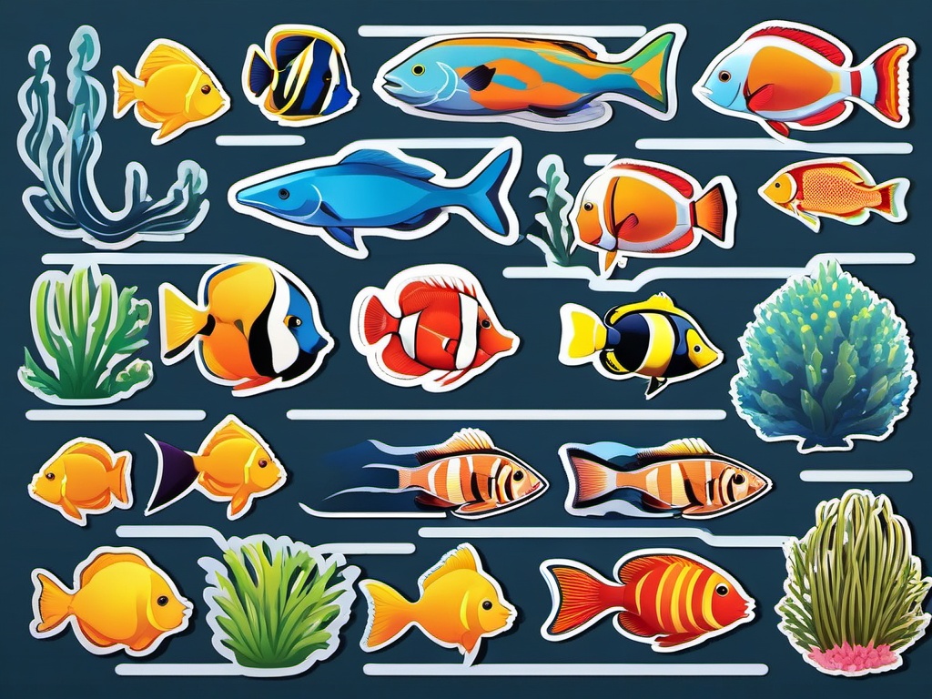 Tropical Fish Reef Sticker - A lively reef scene with a variety of tropical fish, ,vector color sticker art,minimal