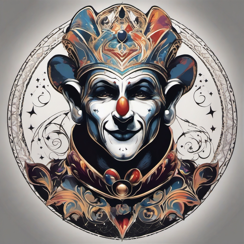 Jester cap with cosmic elements ink: Celestial patterns embracing the clown.  simple color tattoo style