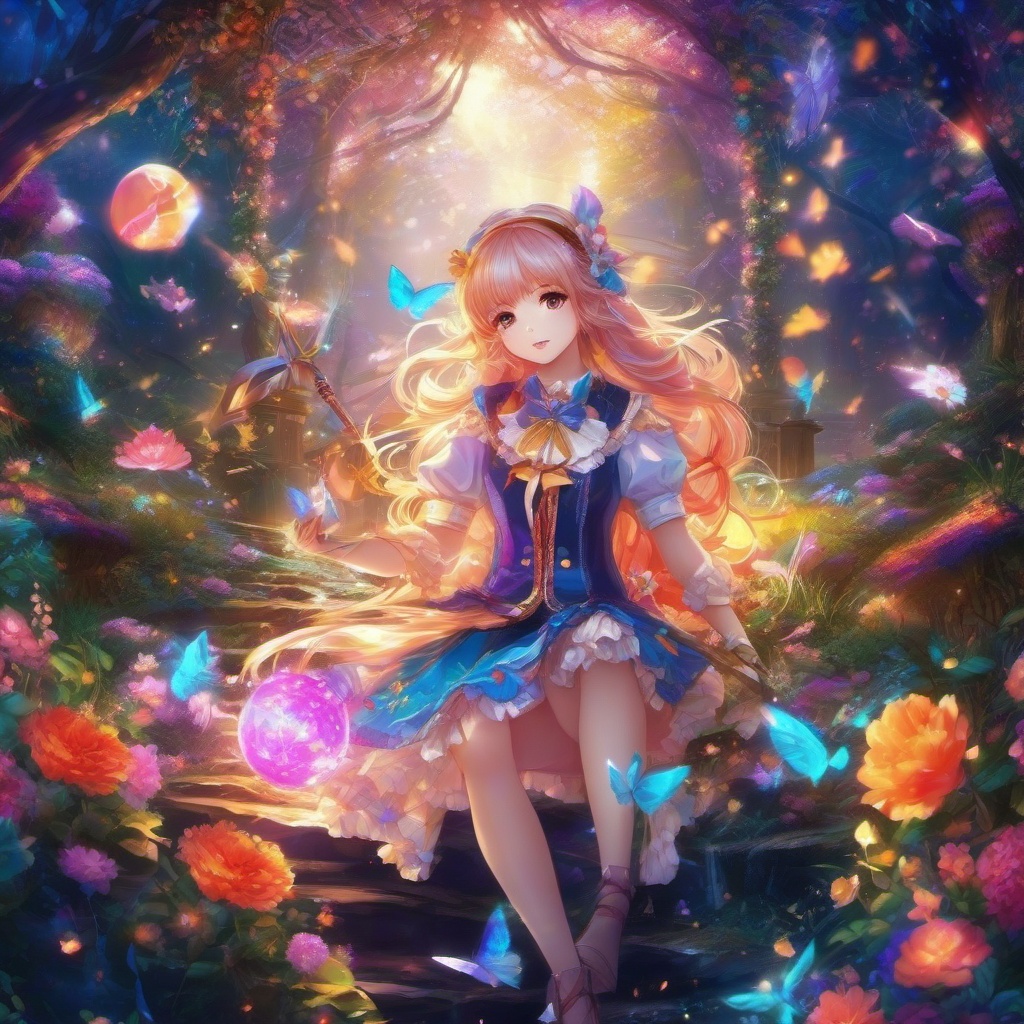 Anime Wallpaper - Magical Girl in a Fantasy Wonderland wallpaper splash art, vibrant colors, intricate patterns