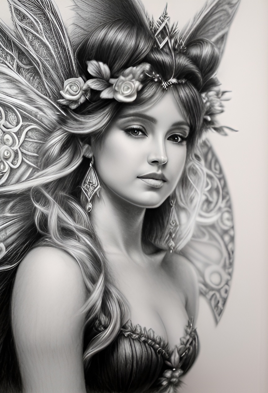 A very detailed pencil sketch of a fairy queen pencil sketch drawing, black and white drawing, graphite drawing 