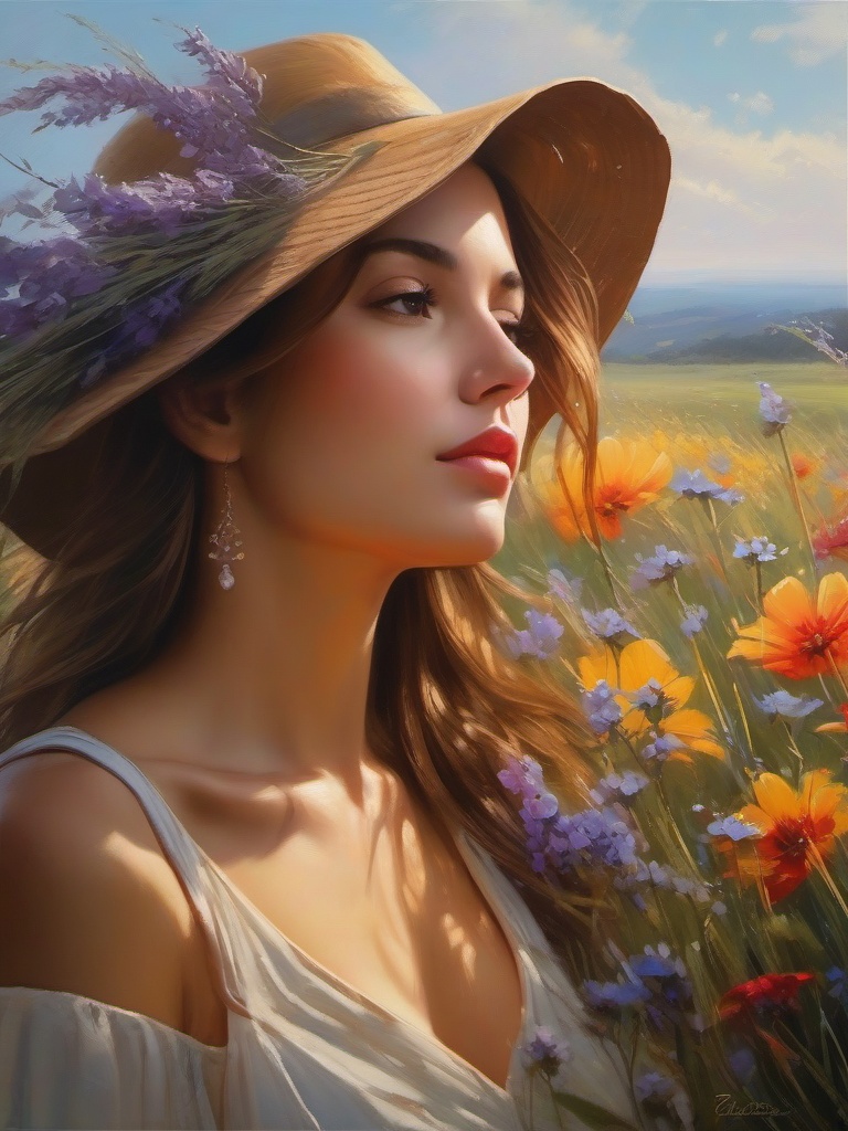 Gentle breeze rustles through field of wildflowers, carrying with it fragrant scents of nature and sense of calm that envelops soul. hyperrealistic, intricately detailed, color depth,splash art, concept art, mid shot, sharp focus, dramatic, 2/3 face angle, side light, colorful background