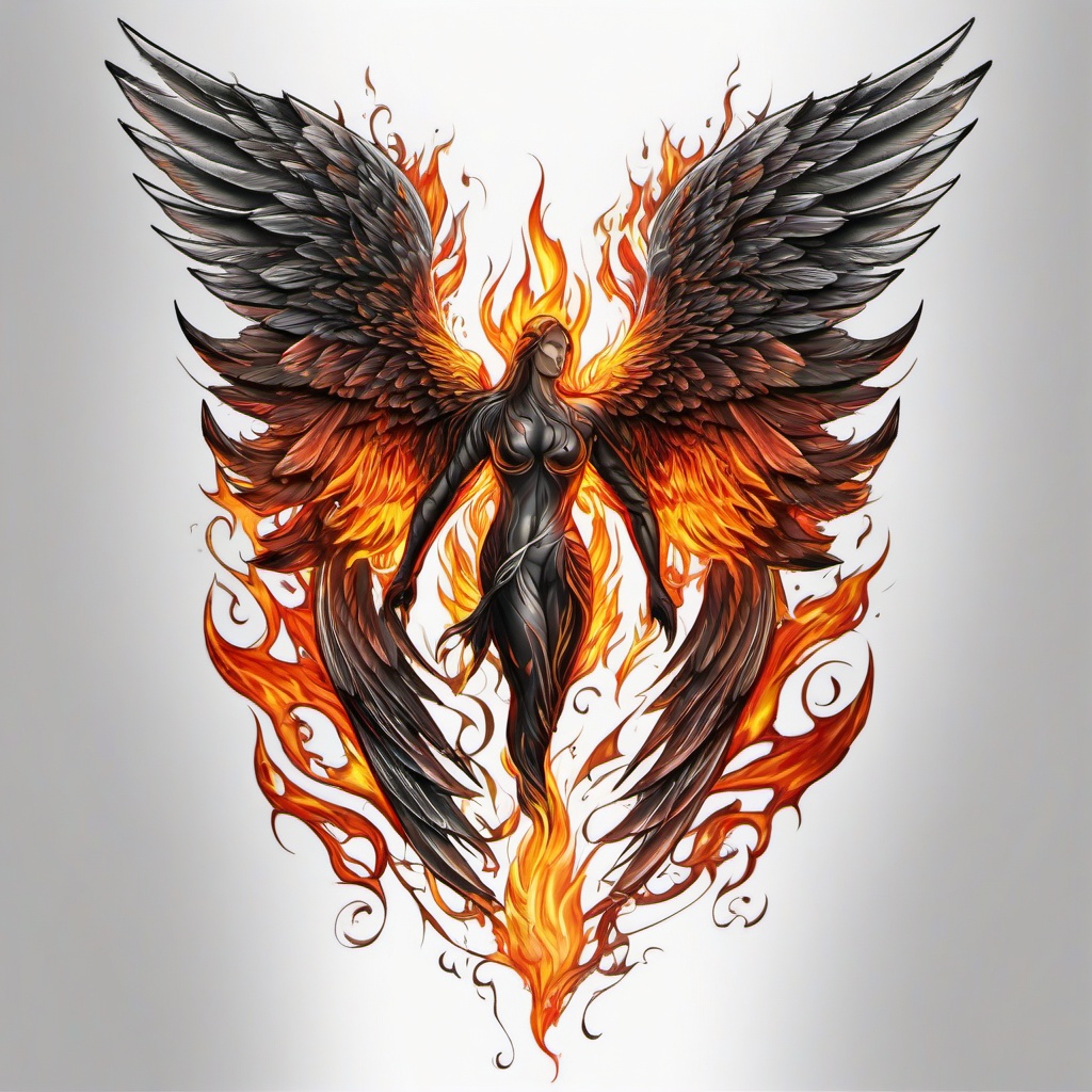 angel wings on fire tattoo  simple color tattoo,white background