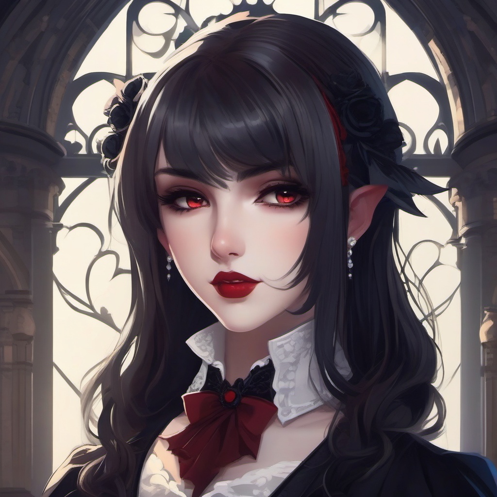 Elegant vampire character in a Gothic castle.  front facing ,centered portrait shot, cute anime color style, pfp, full face visible