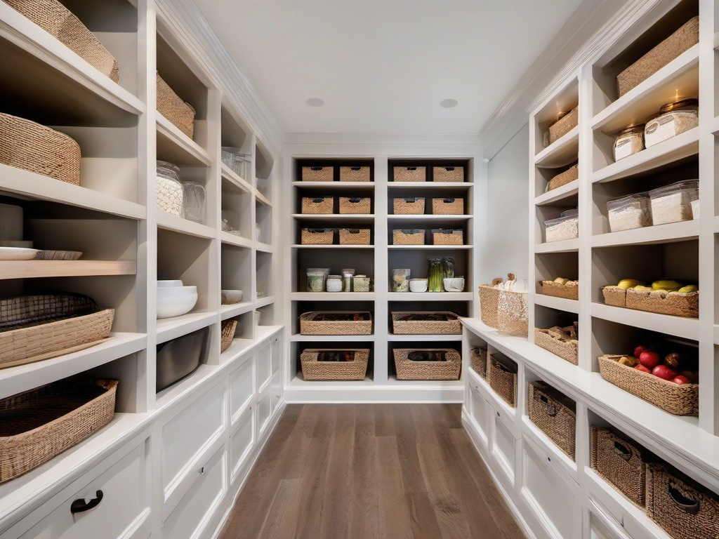 The pantry showcases Hampton interior design with organized shelving, light colors, and cheerful decor that make food storage both practical and visually appealing.  