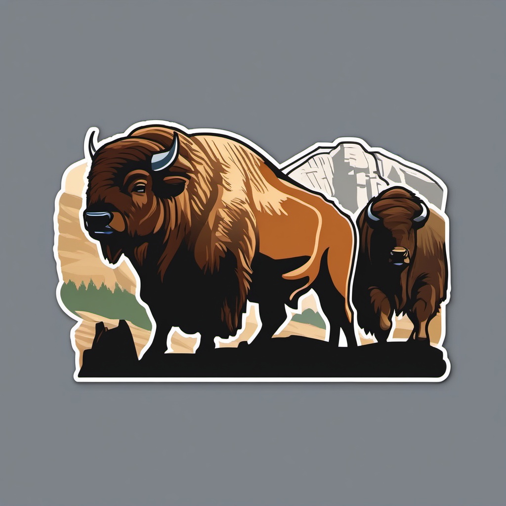 Mount Rushmore Bison sticker- Symbolic wildlife near the presidential sculptures, , sticker vector art, minimalist design