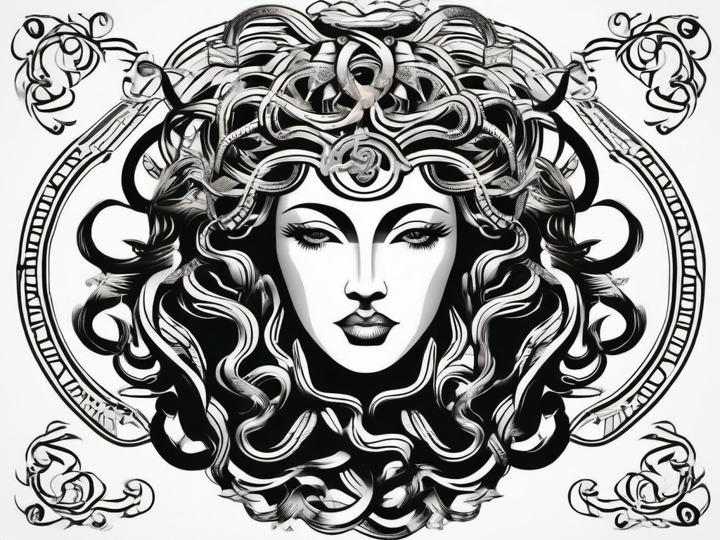 Medusa Inspired Tattoo - Draw inspiration from various sources and create a tattoo that reflects your unique interpretation of the mythical charm of Medusa.  simple vector color tattoo,minimal,white background