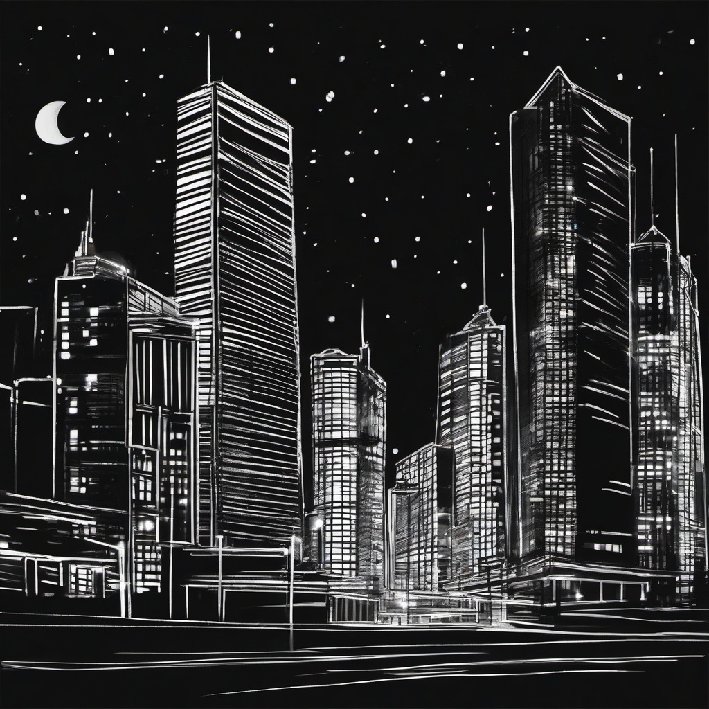 drawing of buildings with lights at night  minimal rough sketch scribbles,doodles,black and white