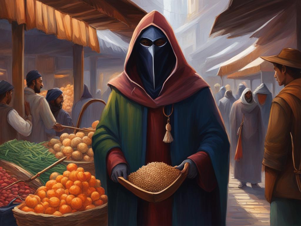 enigmatic kenku thief in a crowded market - paint an enigmatic kenku thief blending into a crowded market, skillfully pickpocketing. 