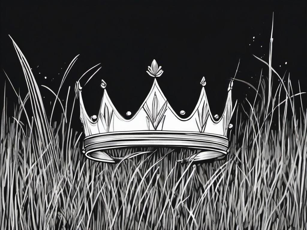 drawing of a crown in the grass  minimal rough sketch scribbles,doodles,black and white