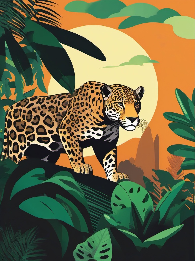 Jaguar Clip Art - Powerful jaguar lurking in the jungle,  color vector clipart, minimal style