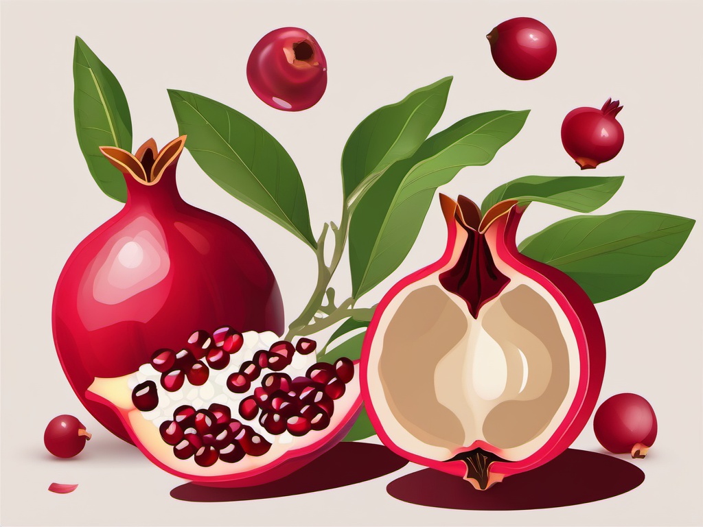 Pomegranate and Pomegranate Seeds Close-Up Clipart - Pomegranate and a close-up of its seeds.  color vector clipart, minimal style