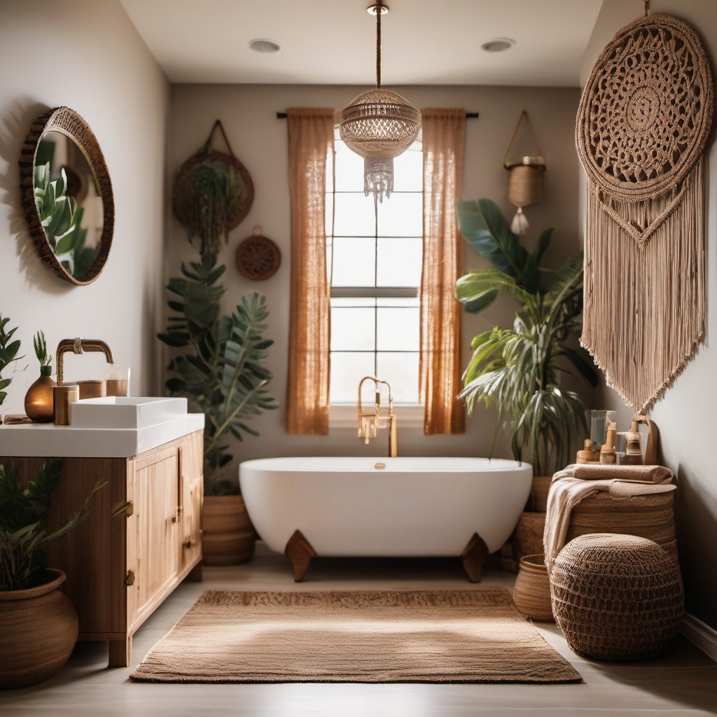 Boho Bathroom Sanctuary - Boho bathroom sanctuary with macrame decor and earthy tones. realistic, professional photography, bokeh, natural lighting, canon lens, shot on dslr 64 megapixels sharp focus