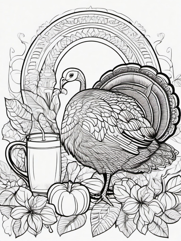 Turkey with a Hot Cider Coloring Pages - Cozy Turkey Enjoying a Fall Beverage  minimal black outline printable sheet, coloring page