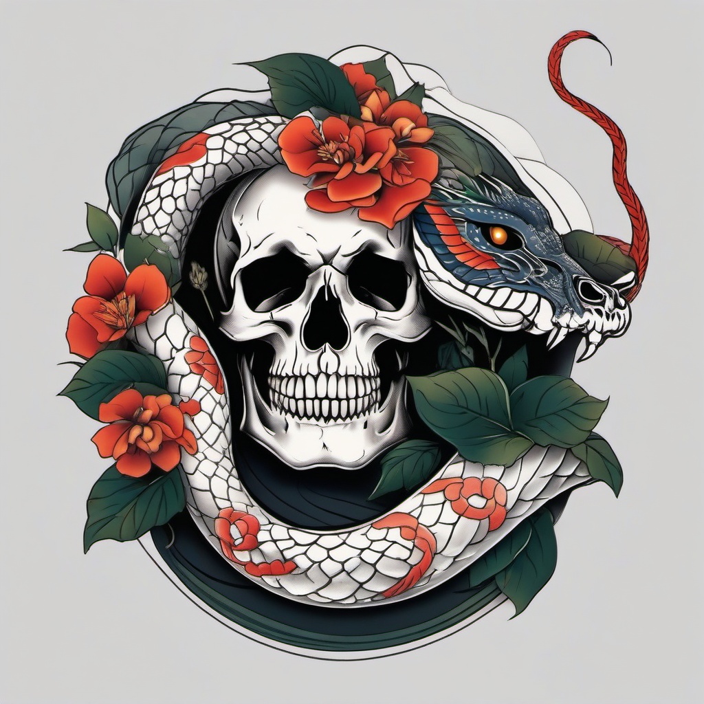 japanese skull and snake tattoo  simple color tattoo,white background,minimal