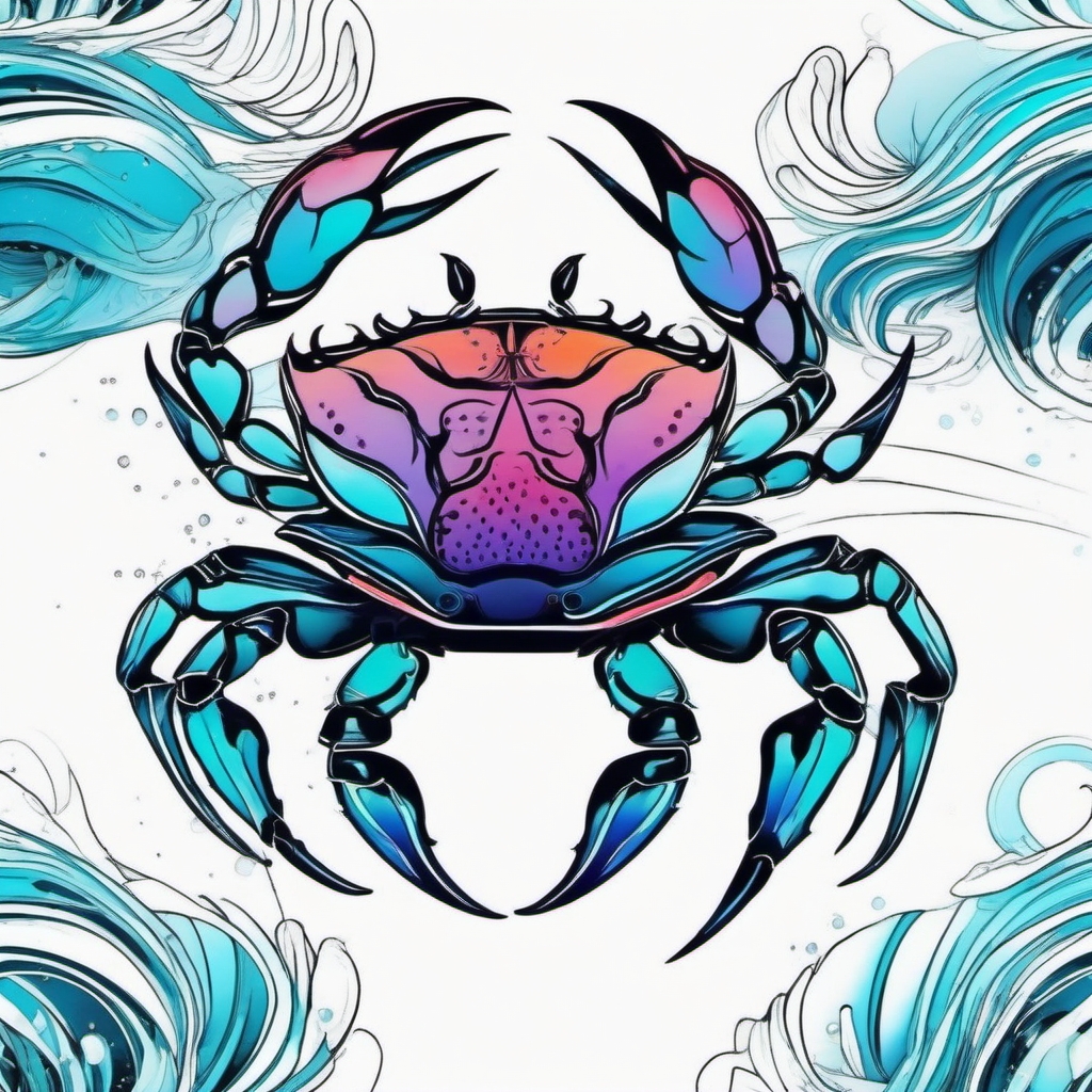 Abstract crab waves ink. Dynamic energy of the water sign.  color tattoo design, white background