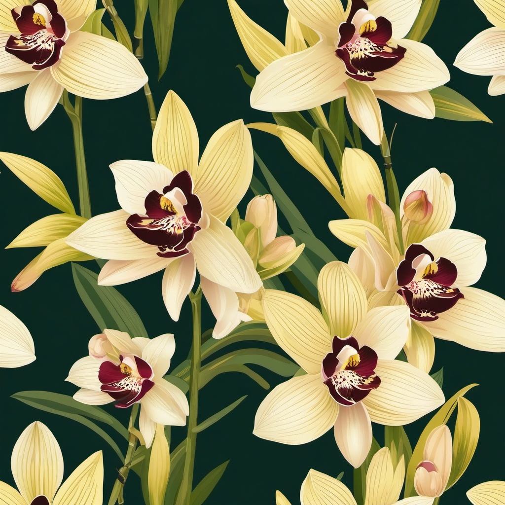 Cymbidium Orchid Clip Art - Stunning cymbidium orchid blooms,  color vector clipart, minimal style