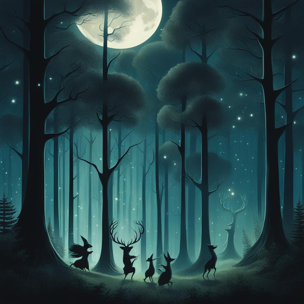 playful forest spirits dancing among towering trees in a moonlit grove. 