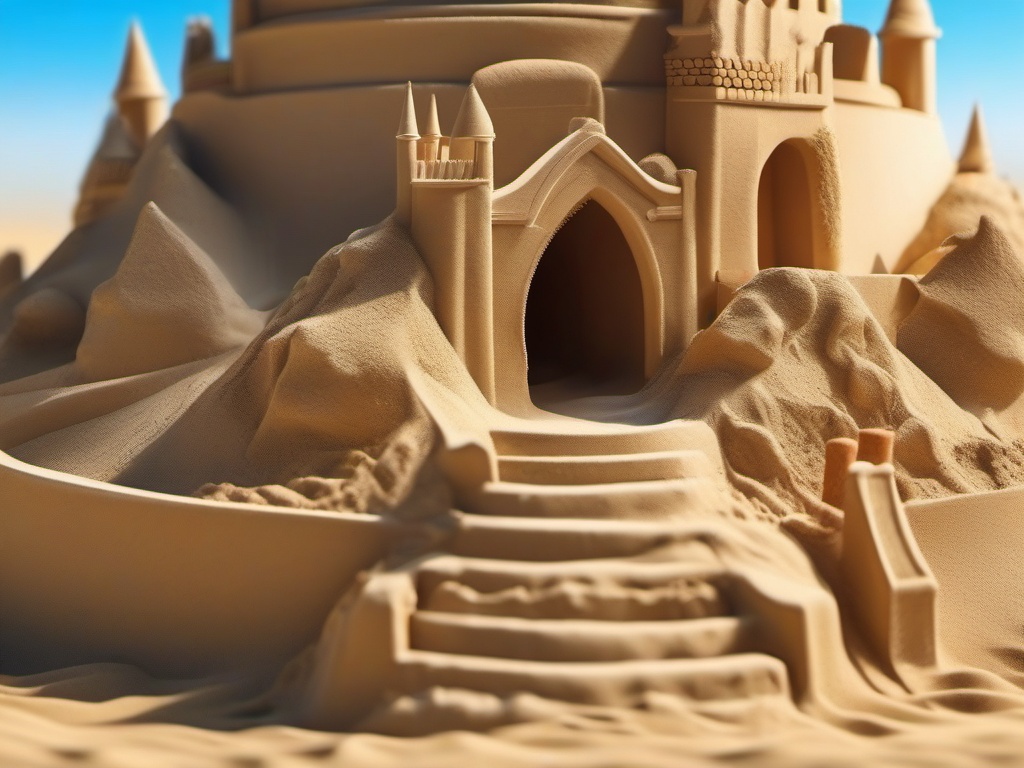 Sandcastle competition and fun close shot perspective view, photo realistic background, hyper detail, high resolution