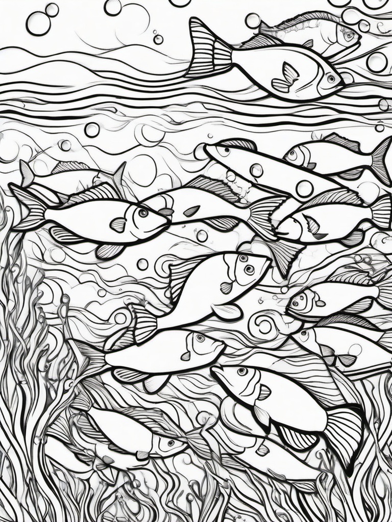 Fish Coloring Pages - School of fish swimming together in the ocean  simple coloring pages