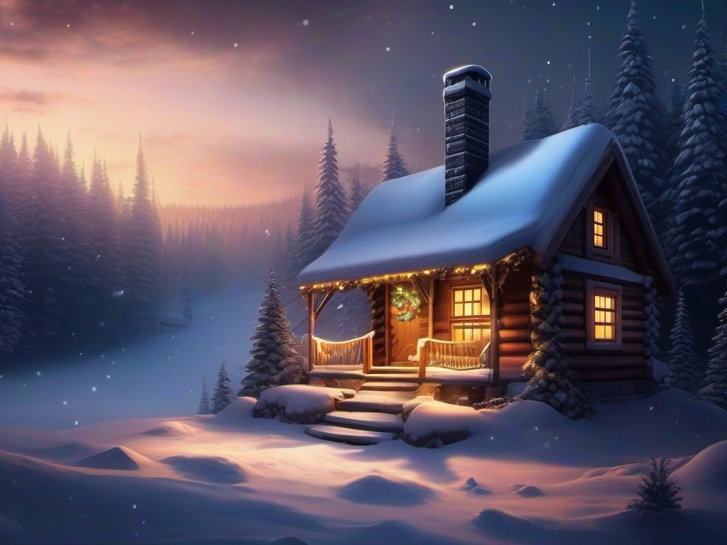 Christmas wallpaper - Cozy cabin in a snow-covered forest with lights on and smoke from the chimney  aesthetic background wallpaper