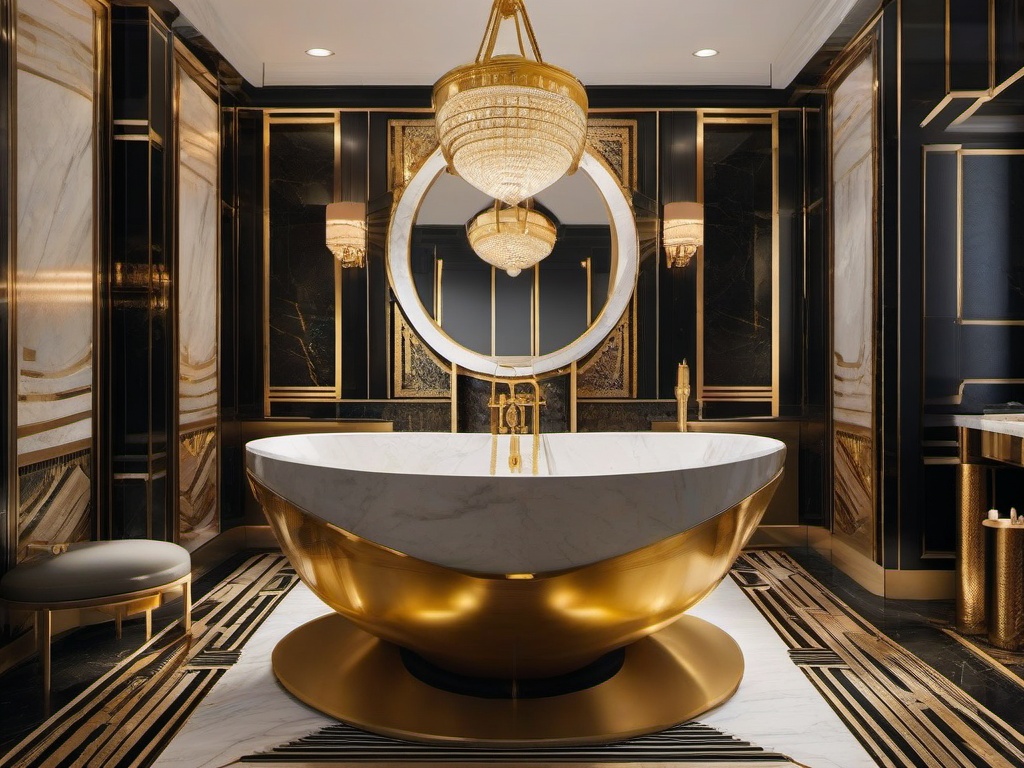 A bathroom with Egyptian Revival interior design incorporates rich marble surfaces, gold accents, and decorative motifs that transform the space into a luxurious oasis inspired by ancient royalty.  