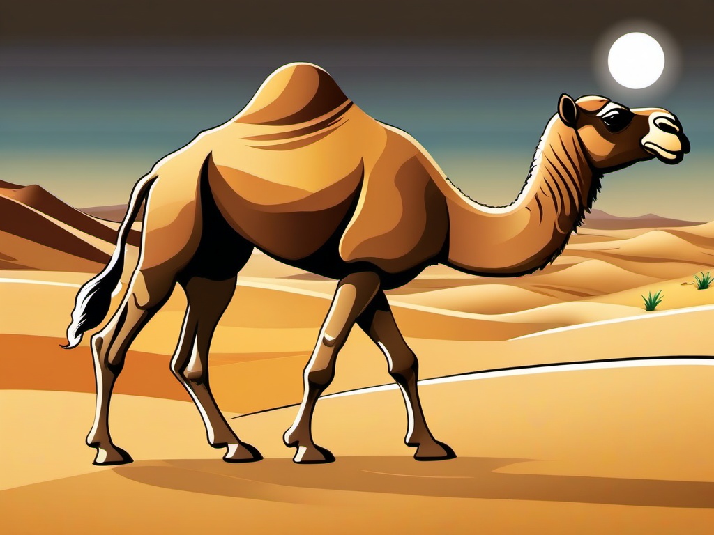 Camel Cartoon - Cartoon of camel in desert with sand dunes  