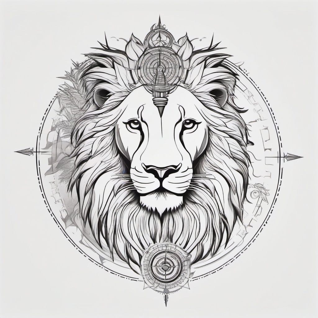 Lion Compass Tattoo - Compass tattoo featuring a lion.  simple vector tattoo,minimalist,white background