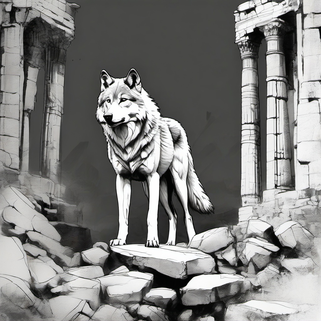 drawing of a wolf in ancient ruins  minimal rough sketch scribbles,doodles,black and white