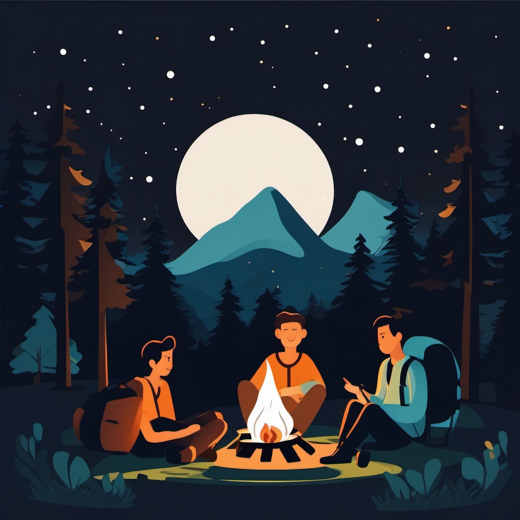 Camping by the Campfire at Night Clipart - Campers by a campfire in the dark night.  color vector clipart, minimal style