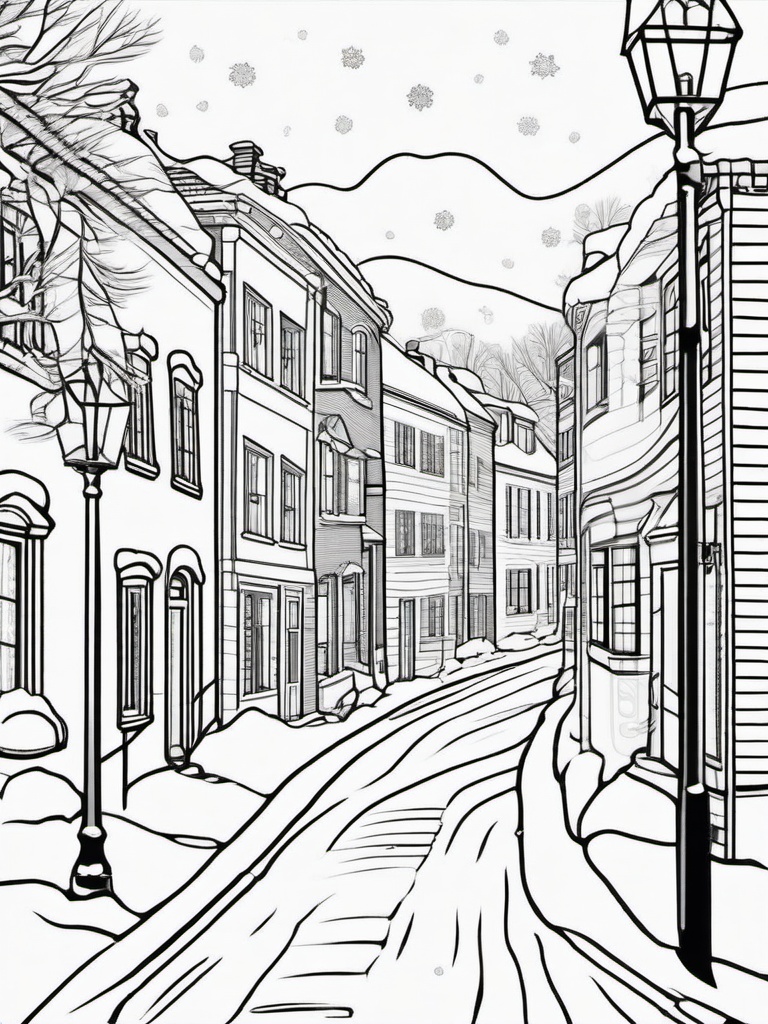 Snowy Street Coloring Pages - Peaceful Street Lined with Snowy Houses  minimal black outline printable sheet, coloring page