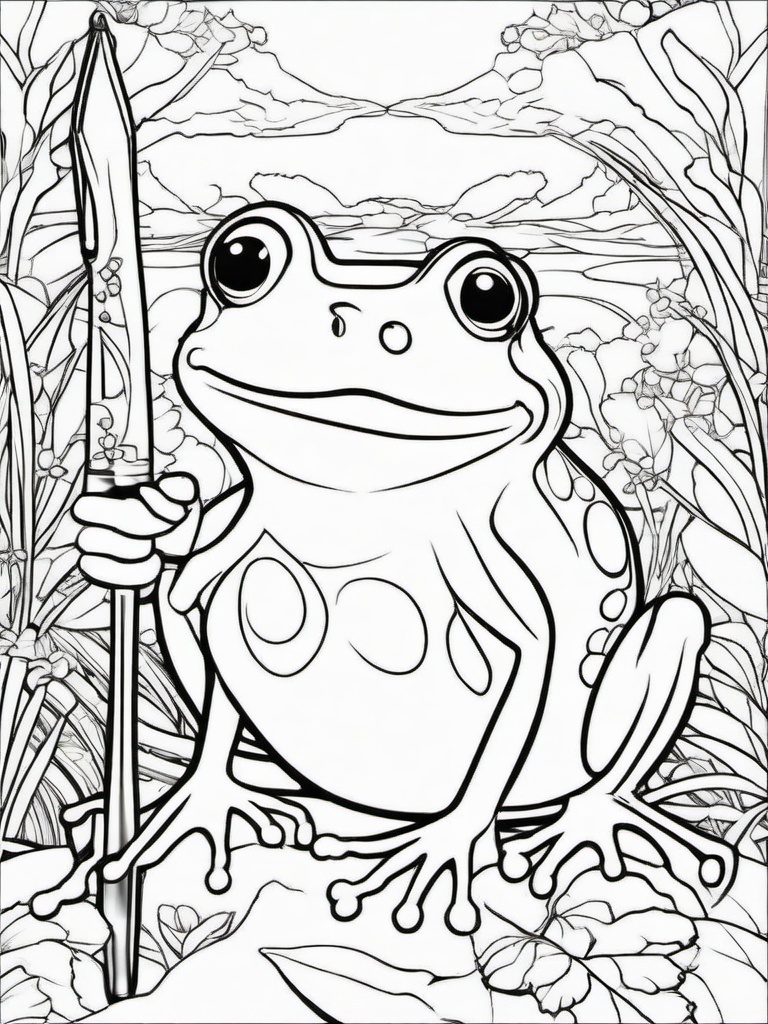 Frog Coloring Pages - Frog with a magical wand in a fairy tale setting  simple coloring pages