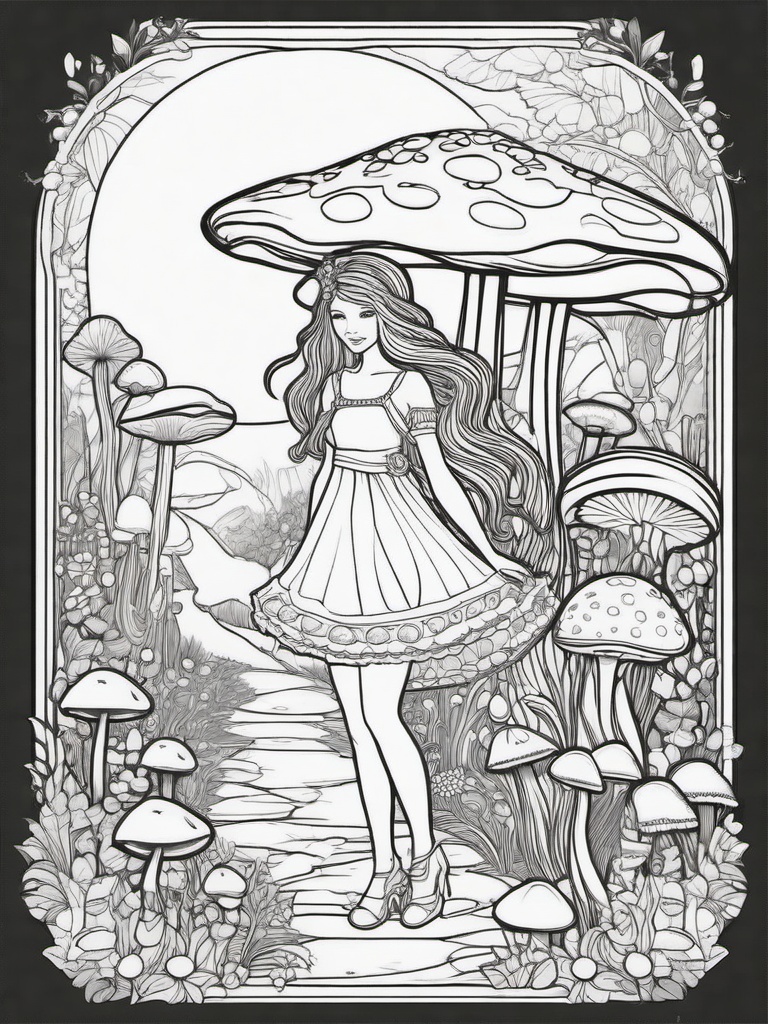 Fairy with Glowing Mushrooms Coloring Pages - Fairy Walking Among Luminescent Mushrooms  minimal black outline printable sheet, coloring page