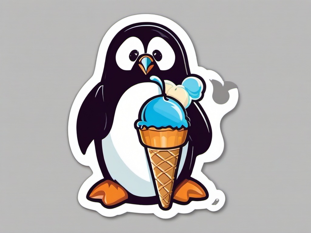 Penguin with Ice Cream Sticker - A penguin enjoying a tasty ice cream cone. ,vector color sticker art,minimal