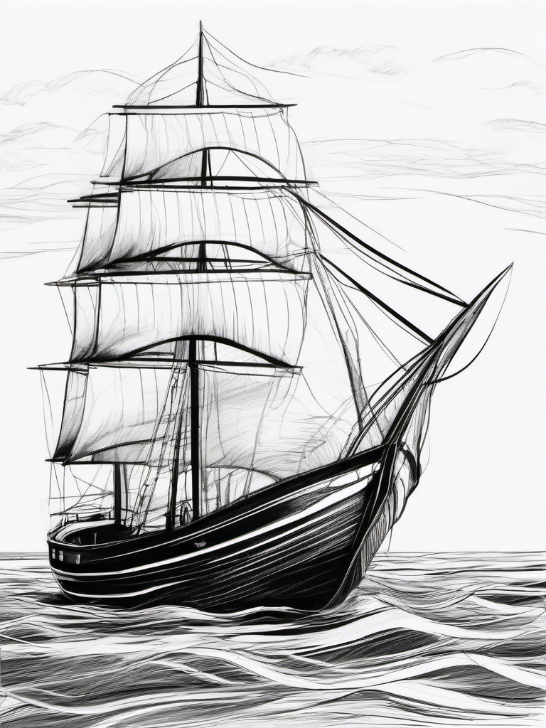 drawing of a boat sailing on the ocean  minimal rough sketch scribbles,doodles,black and white