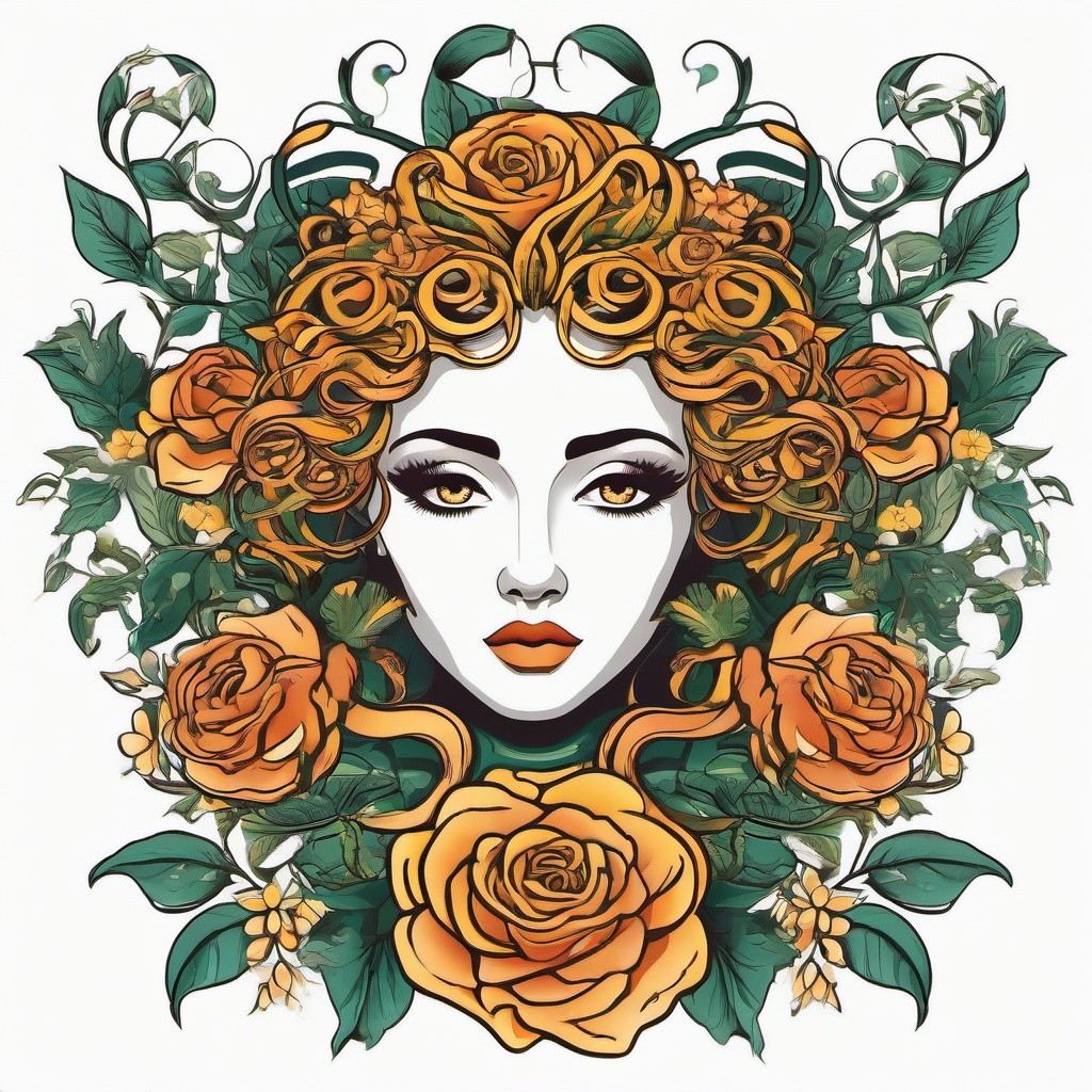 Floral Medusa Tattoo - Combine the mythical charm of Medusa with the beauty of flowers in a captivating and symbolic tattoo design.  simple vector color tattoo,minimal,white background