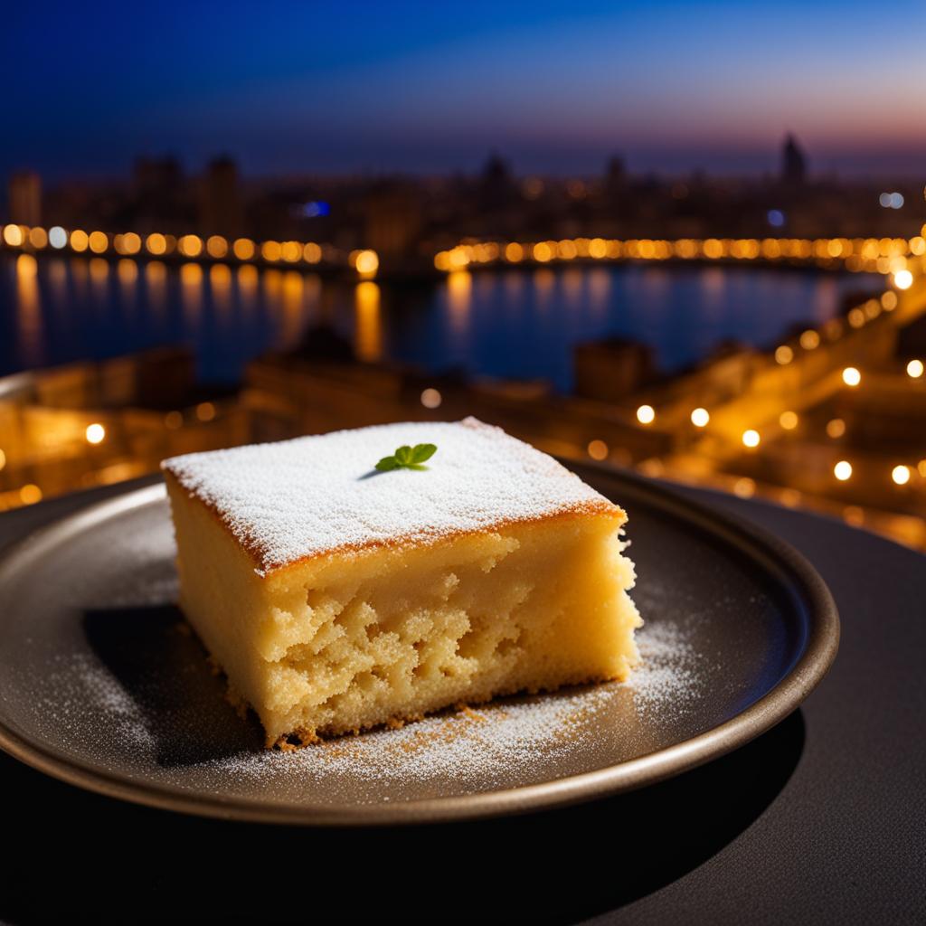 basbousa, egyptian semolina cake, devoured at a rooftop café overlooking the nile in cairo. 