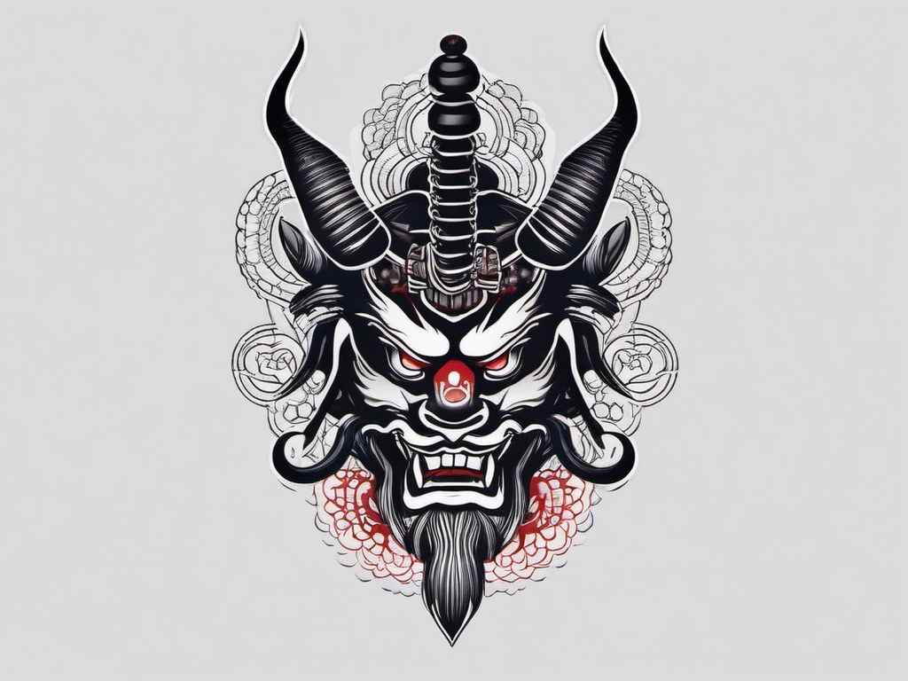 Ushi Oni Tattoo - Features the Ushi Oni, a creature from Japanese mythology, in tattoo art.  simple color tattoo,white background,minimal