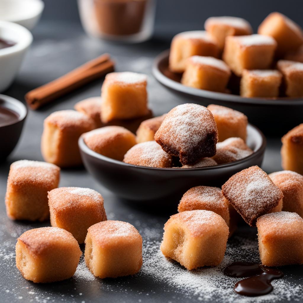 plate of warm, gooey cinnamon sugar churro bites, perfect for dipping in chocolate sauce. 