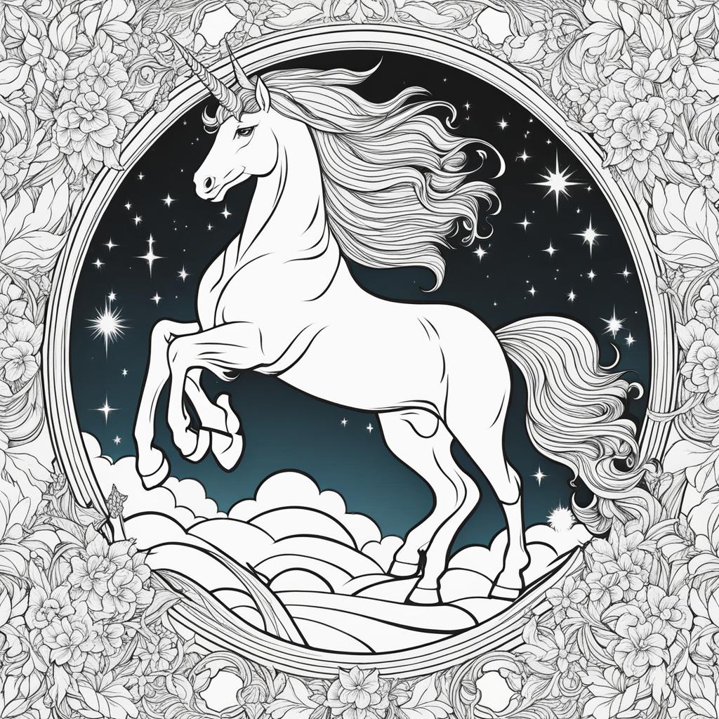 unicorn coloring pages - celestial unicorn descending from the heavens, its arrival a sign of divine blessings. 